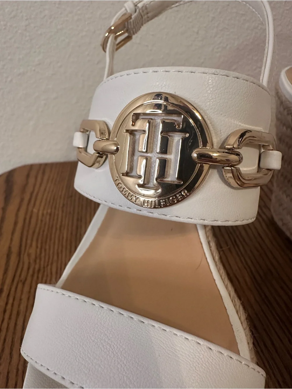 Tommy Hilfiger White Espadrille Wedge Sandals with Gold Accent